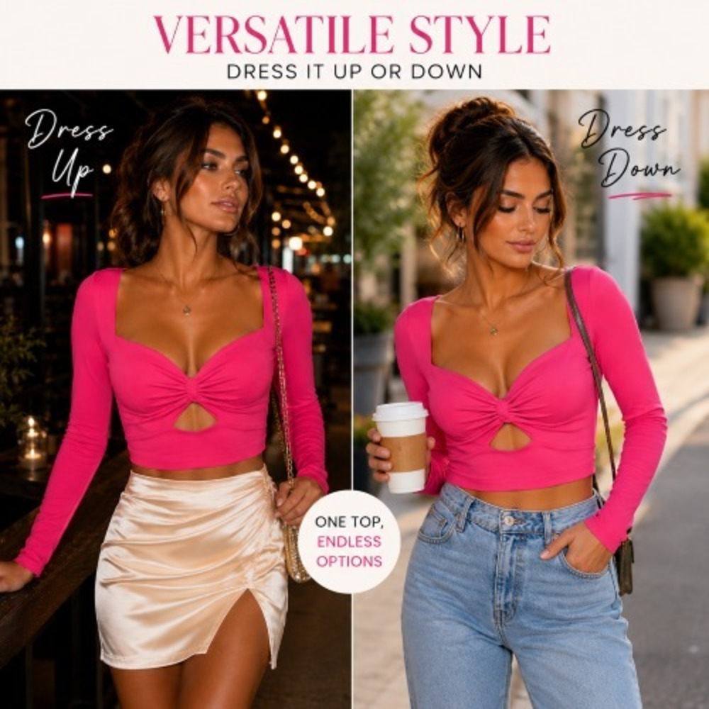 Pink Cut-Out Twist Front Crop Top • Long Sleeve • Modern Statement • Size M